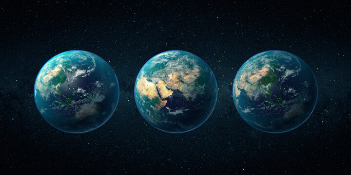 Three Planets Earth viewed from space. 3d rendering. Elements of this image furnished by NASA