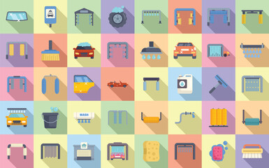 Fototapeta premium Automated car wash icons set flat vector. Auto vehicle. Wash interior