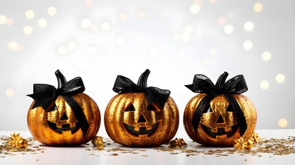 Halloween pumpkins with golden confetti and bokeh. Festive light beige background.