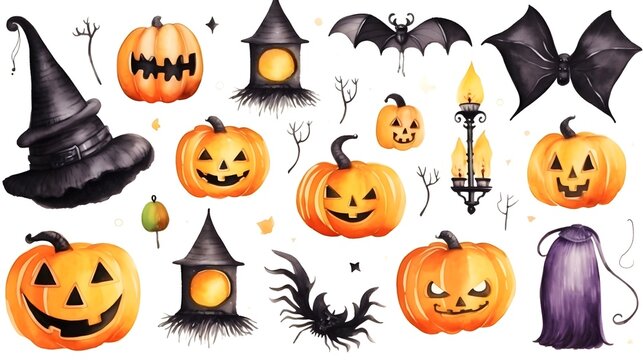 Halloween pumpkins watercolor style elements, isolated on white.