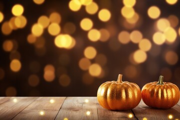 Happy Thanksgiving season celebration traditional pumpkins on decorated wooden table with lights fall background. Halloween decorations wood illuminated autumn cozy backdrop, copy space.