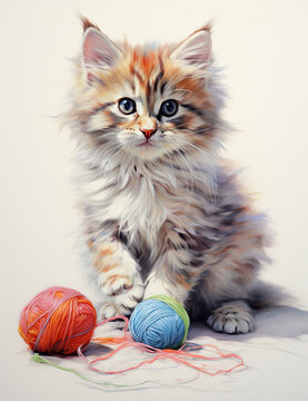 pencil color full drawn sketch of a cat playing with ball of wool