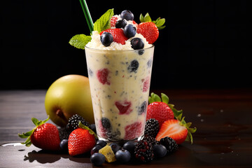  A thick milkshake being blended with chunks of fresh fruit, suggesting a delicious and somewhat healthier indulgence
