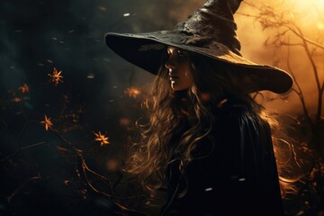 Magic gothic enchanted witch woman evil fairy girl magician wearing dress and hat in Happy Halloween spooky scary fantasy fall scene with full moon creepy horror night light background. Copy space. - obrazy, fototapety, plakaty