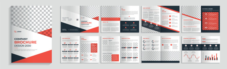 Corporate Brochure Template Design. Company Profile Booklet Layout With Red Accents - obrazy, fototapety, plakaty