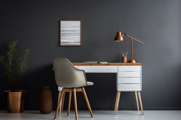 Scandinavian work corner, A white chair at a wooden drawer writing desk by a window complements the modern Scandinavian interior design of a home office.
