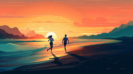 Fototapeta na wymiar woman and man running on thet sunset illustration