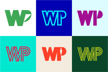 Set of letter WP logos. Abstract logos collection with letters. Geometrical abstract logos