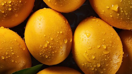 Generative AI, closeup fresh mango fruit background. Tropical exotic closeup photo with water drops.	 - obrazy, fototapety, plakaty