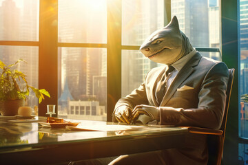 Shark like a confident businessman sits at table in the office. Sunset light in windows. Generative AI - obrazy, fototapety, plakaty