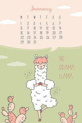 Calendar for January 2024 from Monday to Sunday. Cute llama standing in yoga pose. Alpaca cartoon character. scandinavian style design. Funny animal.