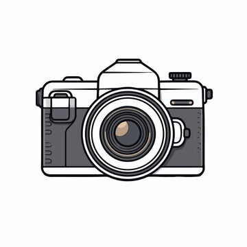 A camera is outline in black on white background, in the style of captivating