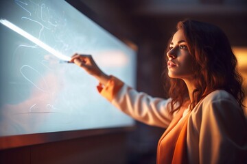 futuristic abstract: woman painting on board