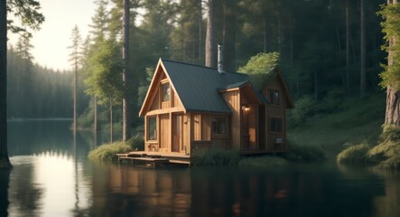 Fototapeta premium Craft an ultra-high-definition 4K image of a lakeside tiny house, complemented by the rich backdrop of a pristine forest