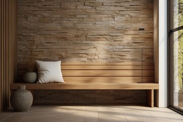 A wooden bench finds its place near a marble stone wall and wood paneling in a minimalist home interior design of the modern entrance hall with a big window.