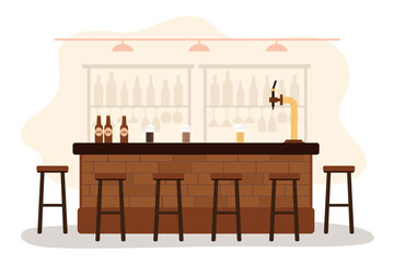 Bar restaurant with counter. Interior with pub counter, bar chairs and shelves with alcohol. No people, empty. Beer faucet, glasses and beer bottles.