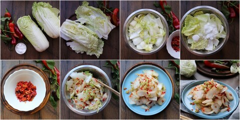 collage photo step-by-step recipe for making vegetable salad from Chinese cabbage