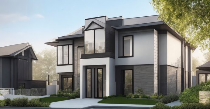 Wide banner featuring modern townhouse model with CAD details