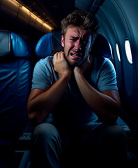 Scared man with a fear of flying, inside the cabin of a commercial jet airplane Shallow field of view.