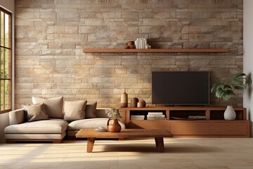 Terra cotta sofa placed against a stone cladding wall with a TV on it. Farmhouse interior design of a modern living room with an arched fitted shelf. - obrazy, fototapety, plakaty