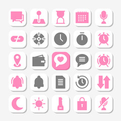 Essentials icons in glyph style for user interface, mobile and website design. Including time, notification, callendar, microphone, timer, alarm, and others.