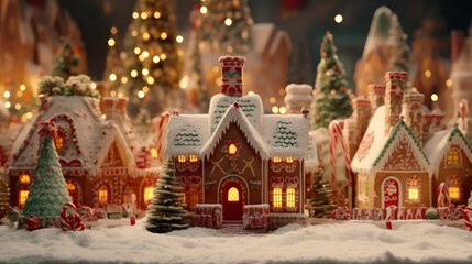 A festive gingerbread house surrounded by beautifully decorated Christmas trees