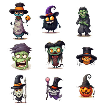 assortiment de 9 personnages sur le thème d'Halloween, Monstre, Sorcière, citrouille