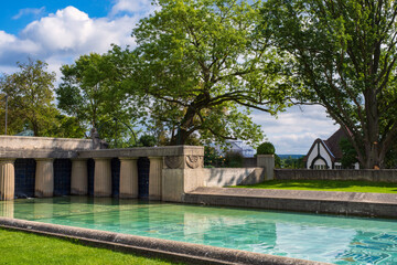 The lily basin located on the Mathildenhöhe in front of the Russian Orthodox chapel in Darmstadt/Germany