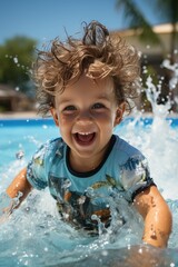 Happy kid boy playing in the pool on a hot summer day. Generative AI