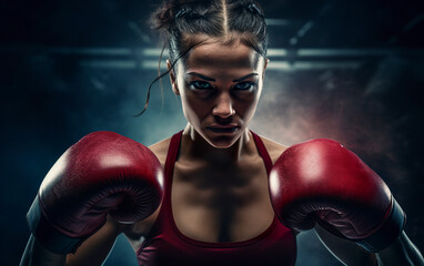 Determined boxer woman focused on the sport. Beautiful female boxer in avant-garde pose exuding confidence and strength.