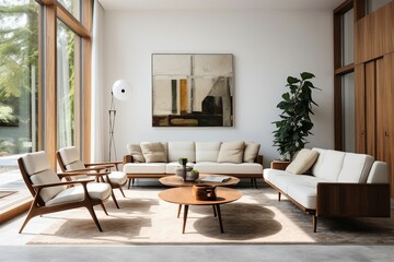 Naklejka na ściany i meble A mid century interior design within a modern living room adorned with a white sofa and wooden chairs.