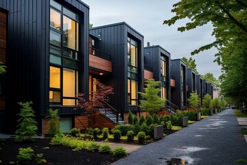 Fototapeta na wymiar Modern modular private townhouses in sleek black, exemplifying contemporary residential architecture in the exterior design.