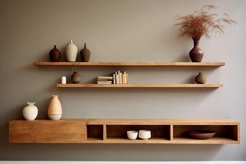 Wooden wall floating shelf mounted on a stucco wall, offering practical storage organization for the home. This showcases the interior design of a modern living room.