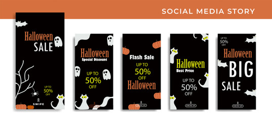 Set 5 of Social Media Networks Stories Halloween banner sale Background, Mobile App, Poster, Flyer, Coupon,Smartphone Advertisement Template Story,Liquid Abstract Modern. editable template eps 10