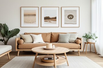 A round wooden coffee table positioned near beige sofas against a white wall adorned with posters, illustrating the Scandinavian style in the interior design of a modern living room.