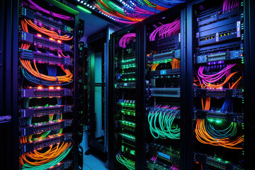 The system configures the wires of the network equipment. Structured cabling systems. Network switch close-up. Storage and transmission of data. Server router.