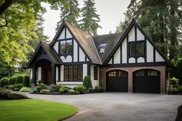 Obraz premium Tudor style family house exterior featuring a gable roof and timber framing, with wooden garage doors enhancing the charm of this cottage.