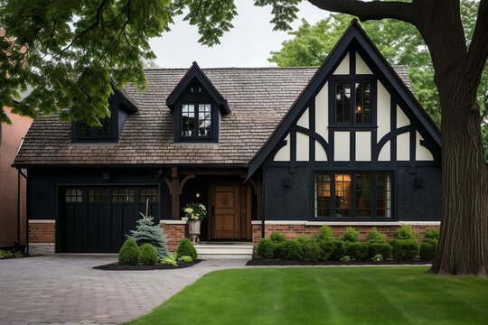 Tudor style family house exterior featuring a gable roof and timber framing, with wooden garage doors enhancing the charm of this cottage.