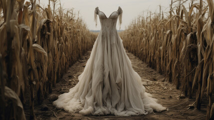 empty victorian wedding dress in the cornfield, spooky atmosphere
