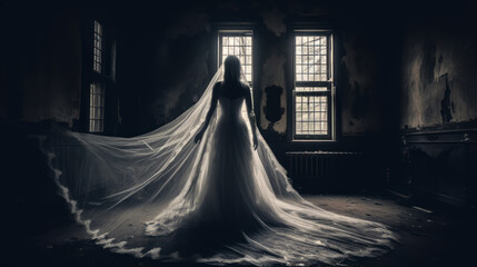 spooky bride ghost in a white dress with a long white veil in the abandoned mansion, spooky atmosphere - obrazy, fototapety, plakaty