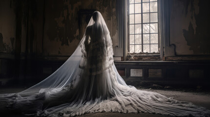 spooky bride ghost in a white dress with a long white veil in the abandoned mansion, spooky atmosphere - obrazy, fototapety, plakaty