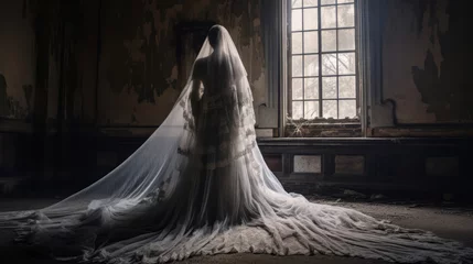 Fotobehang spooky bride ghost in a white dress with a long white veil in the abandoned mansion, spooky atmosphere © Anastasia Shkut