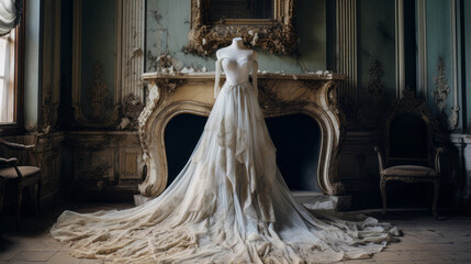 wite wedding gown in the abandoned mansion, spooky atmosphere