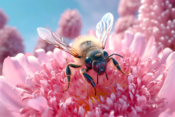 Cute bee collecting nectar from a pink flower - obrazy, fototapety, plakaty