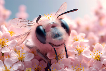 Cute bee collecting nectar from a pink flower