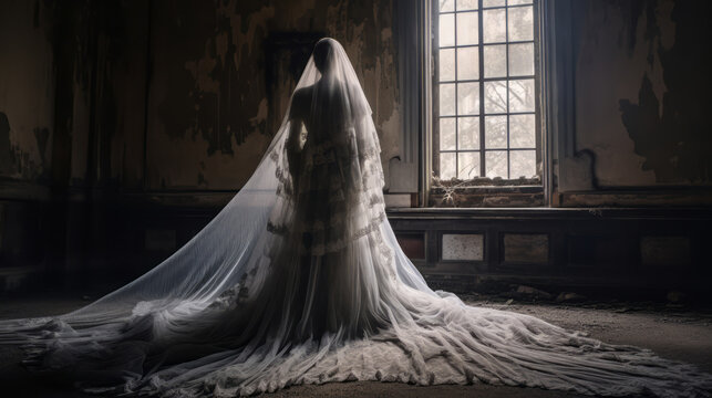 spooky bride ghost in a white dress with a long white veil in the abandoned mansion, spooky atmosphere
