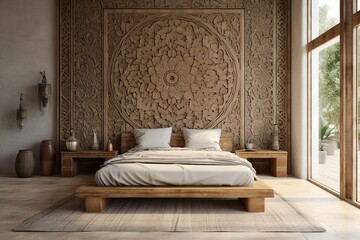 A Moroccan wall hanging serves as an enchanting focal point above a wooden bed, capturing the essence of bohemian or eclectic interior design in a modern bedroom. - obrazy, fototapety, plakaty