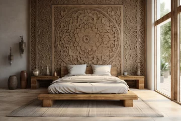 Fotobehang A Moroccan wall hanging serves as an enchanting focal point above a wooden bed, capturing the essence of bohemian or eclectic interior design in a modern bedroom. © Md Shahjahan
