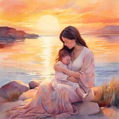 Fototapeta premium serene watercolor-style scene depicting emotional mother and child