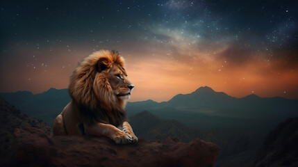 lion sitting on a mountain and up the sky is a beautiful galaxy. Generative AI	
